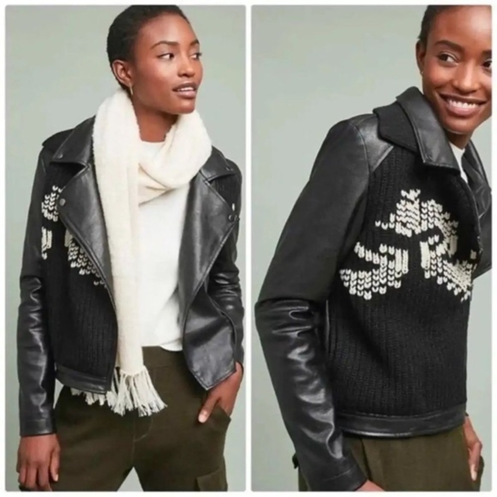 🌼ANTHROPOLOGIE🌼 Black Faux Leather Sweater Knit Moto Jacket